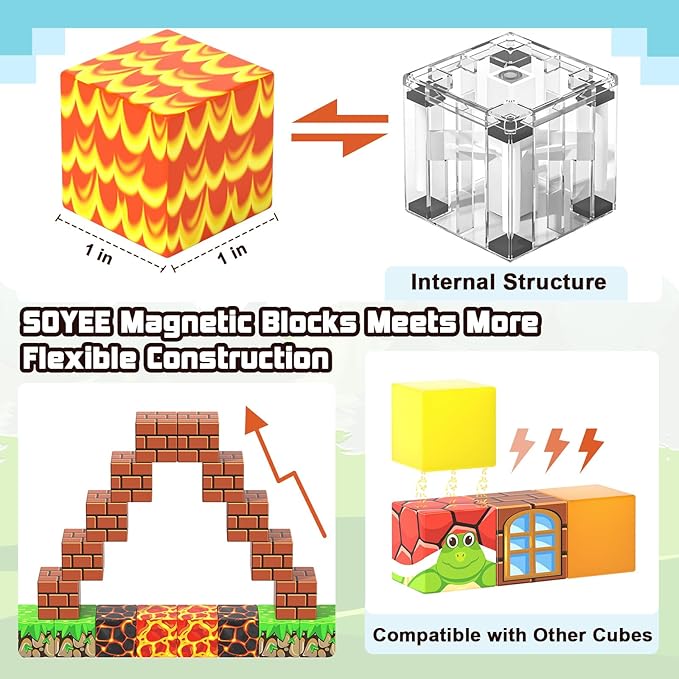 Soyee Magnetic Blocks - Build Mine Magnet World Kids Games Magnet Building Toys Kingdom & Lava World Adventure 1'' Magnetic Cubes STEM Toys Christmas Birthday Gifts for 3+ Years Old Boys Girls