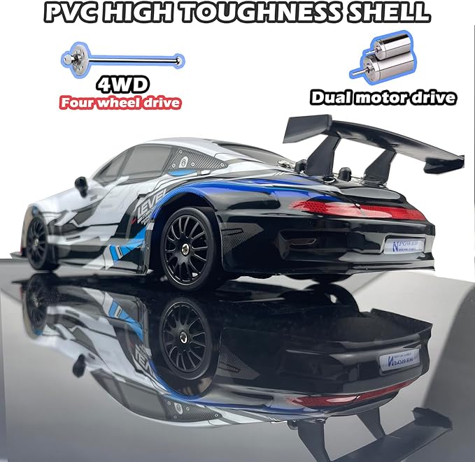 RC Drift Car 2.4GHz 1:24 Scale 4WD High Speed Remote Control Cars Vehicle with LED Lights Two Batteries and Drifting Tires Racing Sport Toy Cars for Adults Boys Girls Kids
