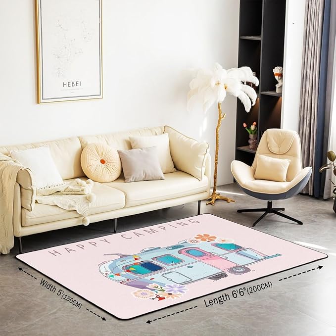 Erosebridal Camper Area Rug 5x7 Happy Camping Rug for Kids Girls Boys Cartoon Spring Floral RV Car Travel Carpet Cute Pink Blue Vintage Flowers Non Slip Decorative Rug