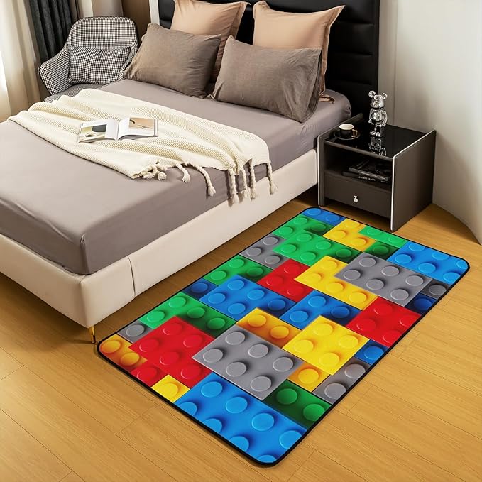 Colorful Toy Area Rug 3x5, 3D Building Blocks Pattern Rug, Kids Boys Toy Bricks Carpet for Living Room, Fun Brick Gradient Rainbow Non Slip Washable Decorative Rug, Red Yellow Blue Grey