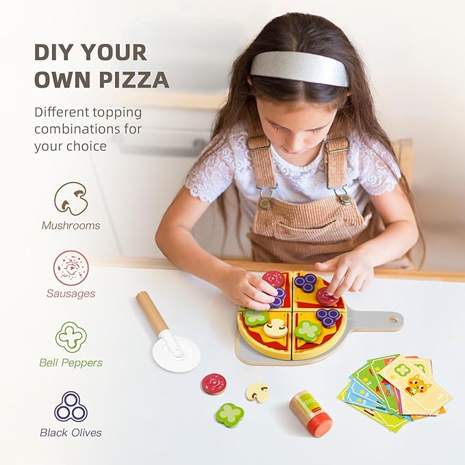 Wooden Pizza Toy Kids Pizza Counter Playset, Montessori Pretend Play Kitchen Accessories with Toy Food, Bake Oven, Role Play Set for 3 4 5 6 Year Old Boys Girls