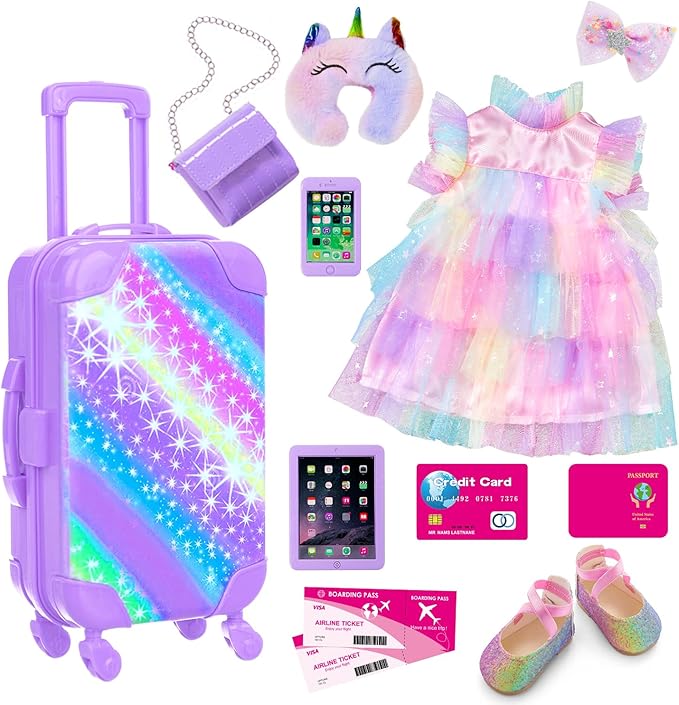 ZITA ELEMENT American 18 Inch Doll Suitcase and Clothes Accessories Set, 12 Pcs Doll Luggage Travel Play Set Fit for 18 Inch Girl Dolls (NO DOLL), Purple