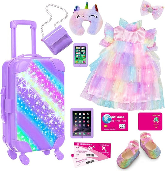 ZITA ELEMENT American 18 Inch Doll Suitcase and Clothes Accessories Set, 12 Pcs Doll Luggage Travel Play Set Fit for 18 Inch Girl Dolls (NO DOLL), Purple