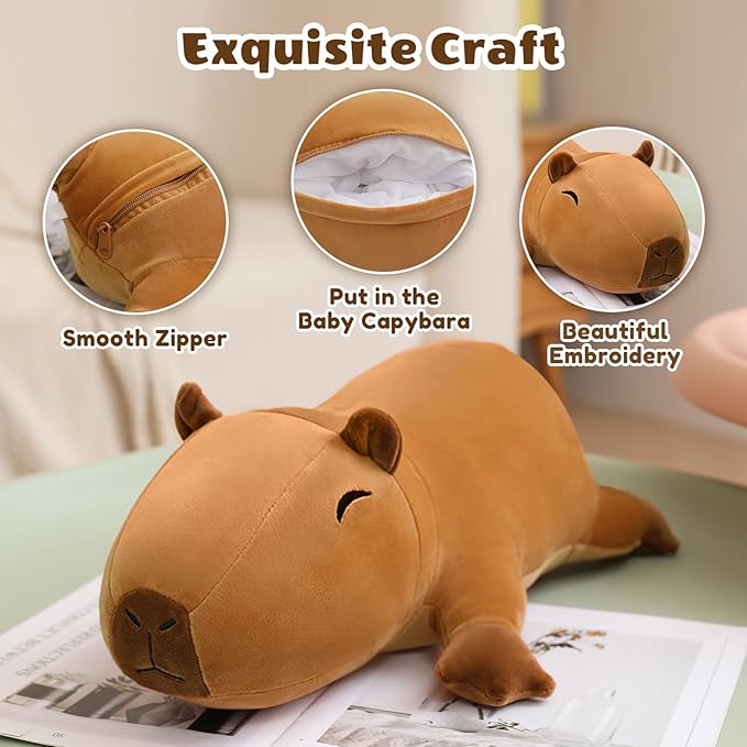 SQEQE Stuffed Capybara Plush - Cute Capybara Mommy with 4 Babies Surprise Soft Animal Toy Christmas, Valentine's, Birthday Gifts Ideal for Boys and Girls