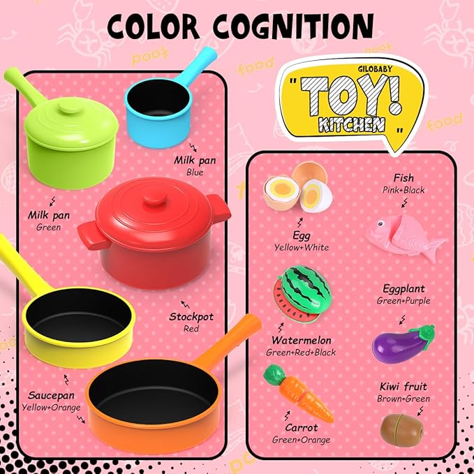 GILOBABY Play Kitchen Accessories, Play Food Sets for Kids Kitchen Playset with Pots and Pans Set, Cooking Utensils, Preschool Learning Education Toys for Toddlers, Birthday Gifts for Girls (Red)