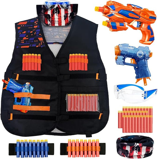 Tactical Vest Kit for Kids, Compatible with Nerf – Includes Vest, 2 Pack Toy Guns, 30 Foam Darts, Goggles, Wristbands, Skull Mask – Great Birthday Gift for Boys and Girls