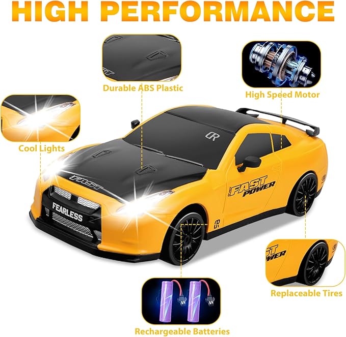 Remote Control Car 1/24 2.4GHz 4WD RC Drift Car, Rechargeable High Speed RC Cars with Cool Lights, Batteries and Extra Tires Toys for Kids
