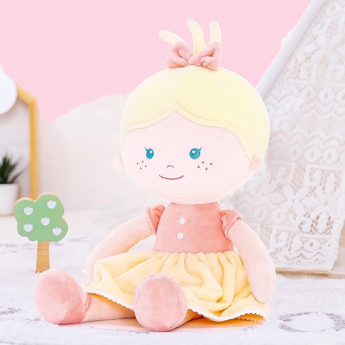 Onetoo Soft Baby Doll for Girls - Plush Rag Doll Sleeping Cuddle Buddy - Yellow Dress, 14"