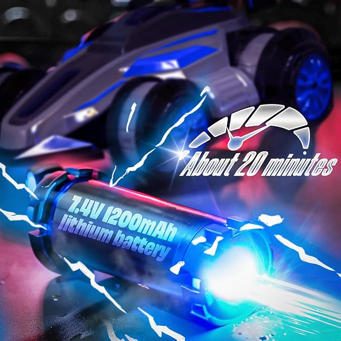 1:14 Remote Control Roll Stunt Car for Boys 360°Rotating 4WD RC Cars with Lights Music Upright Walking Four-Wheeled Rollover Toy Car Presents for Age 6-12（Blue）