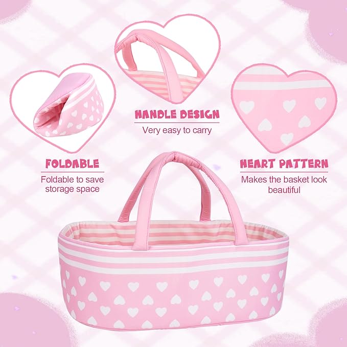 Aori 9 Pcs Reborn Baby Dolls Clothes Set with Pink Bassinet for 17-22 Inch Baby Doll, Carrier Bed and Baby Doll Clothes Outfit Accessories fit Newborn Baby Girl