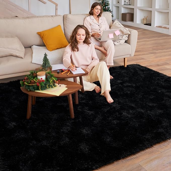 6x9 Super Fluffy Rug for Bedroom, Modern Shag Black Area Rugs, Soft and Cozy Plush Large Carpet for Kids, Girls Boys and Teens Decorations for Living Room Dorm Nursery Classroom