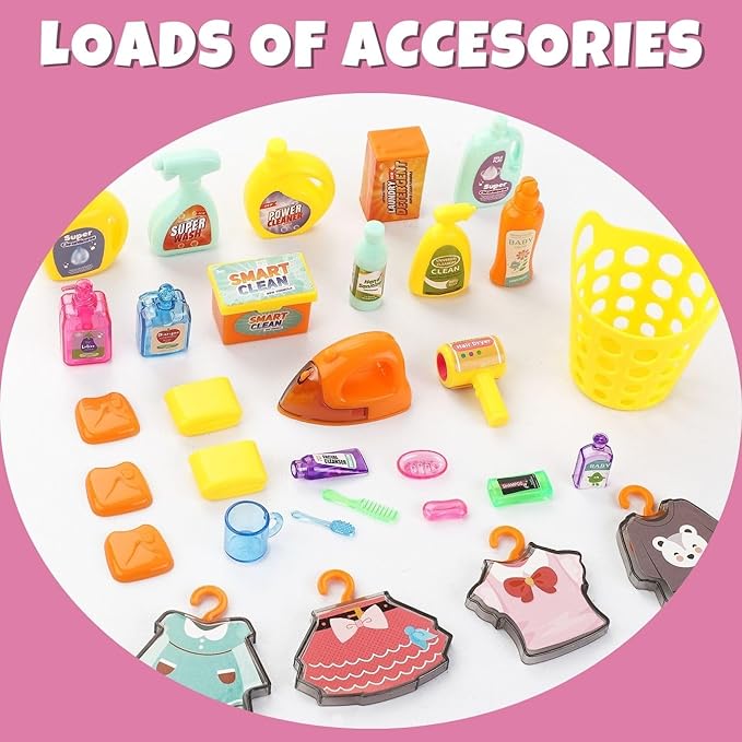 Doll Mini Bathroom Laundry Playset for Kids, House Furniture Pretend Play Toy Accessories Set with Realistic Lights & Sounds for Toddlers, Girls (4-in-1 Bathroom Set)