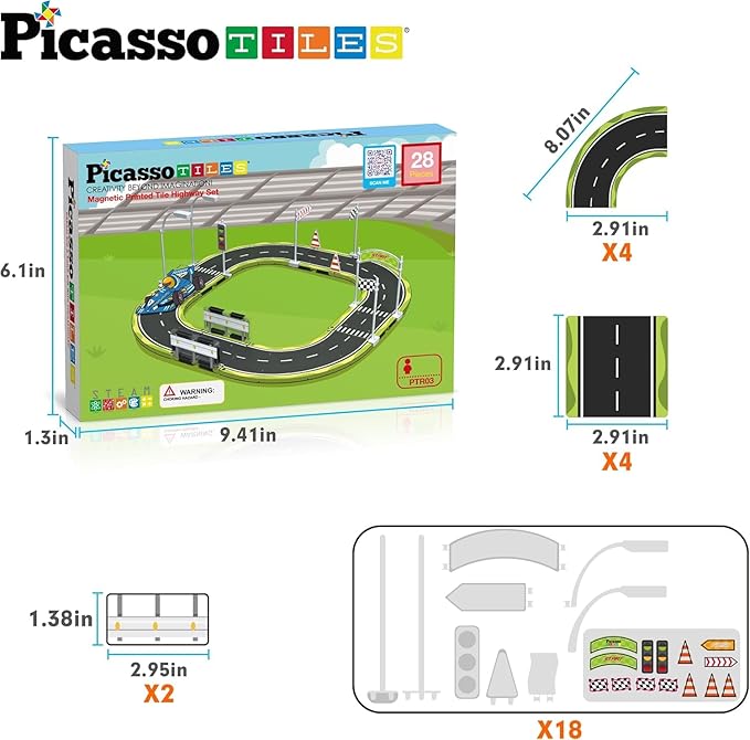 PicassoTiles Magnet Tile Building Block Construction Toy Set Street Sign Traffic Kit Highway Road Race Track with Bumper Barricade Accessory Sticker Education Magnetic Tiles Kids Age 3+ PTR03