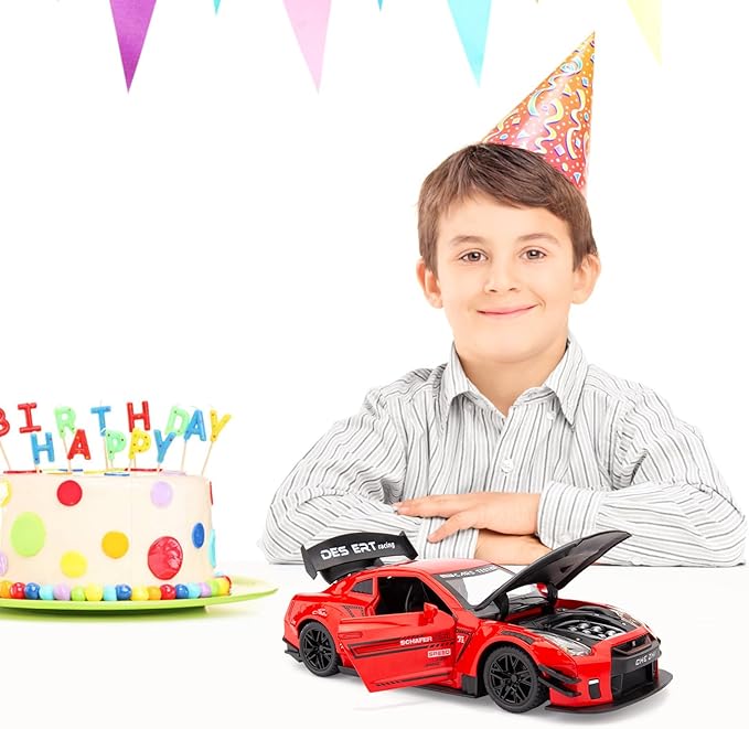 BDTCTK 1/24 Scale Compatible for Nissan GTR Model Car Toy, Zinc Alloy Pull Back Toy car with Sound and Light for Kids Boy Girl Gift (Red)