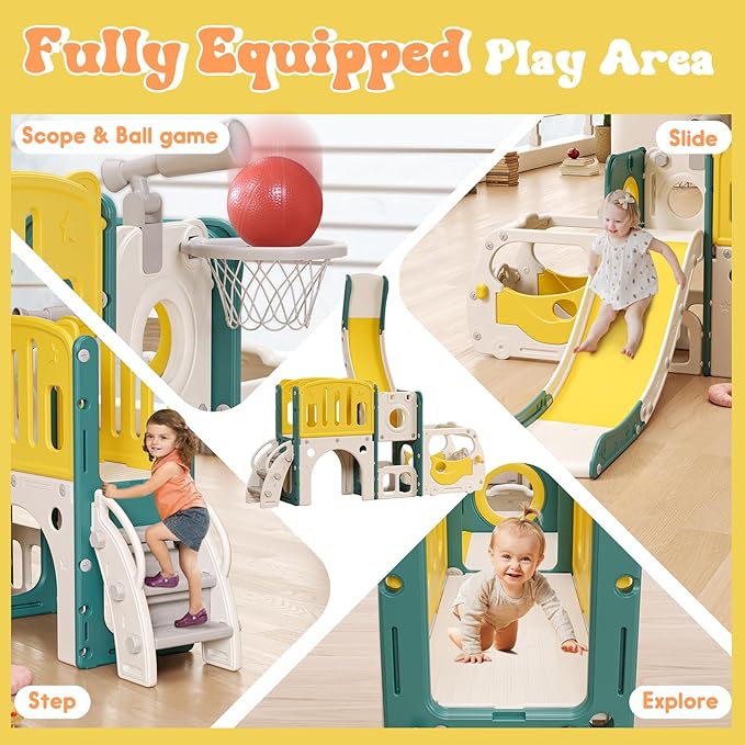 Toddler Slide Kids Slide Playset for Babies Bus Themed Toddler Playground with Climber Baskteball Hoop Indoor Playground Outdoor