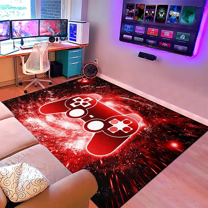 Video Game Rug, 3D Printed Gamepad Controller Area Rugs for Bedroom Boys Living Room Red Large Cool Gamer Rugs Gaming Art Design Home Decor Crystal Doormat Yoga Mats, 47"x39"