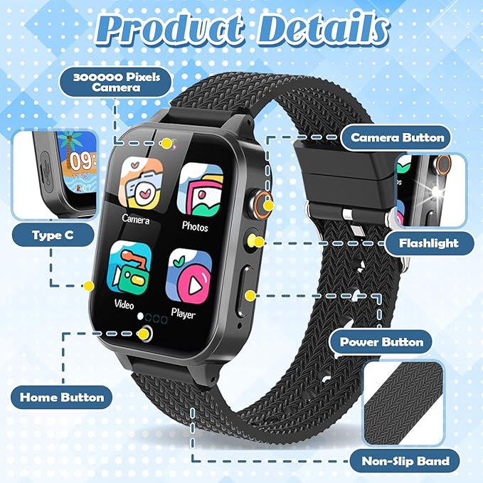 Tywop Smart Watch for Kids Girls Age 3-12 with 26 Puzzle Games HD Video Camera Touchscreen Music Player Learning Cards Storybook Pedometer Metal Case Kids Watch Toy Birthday Gifts