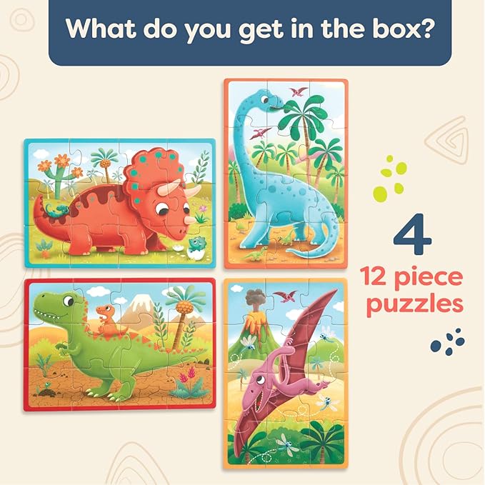 B. toys- Pack o' Puzzles - Dinosaurs- Wooden Puzzle Set – 4 Dinosaur Puzzles – Classic Prehistoric Puzzle – 12-Piece Jigsaw Puzzles for Kids – 3 Years +