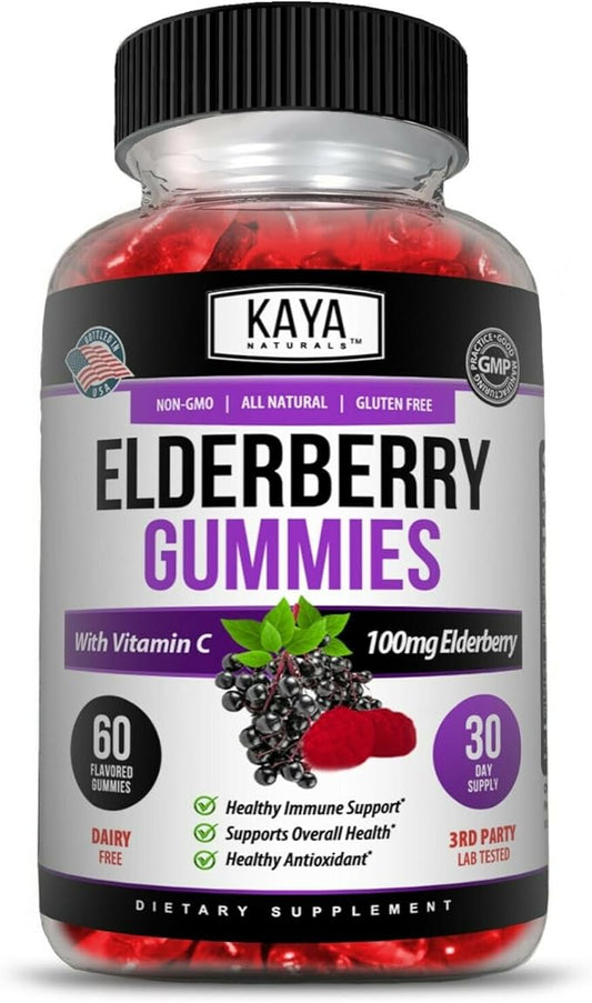Kaya Naturals Immune Support - Powerful Immune & Healthy Antioxidant Vitamin Supplement Booster with Vitamin A, C, D & E, Elderberry, Zinc, Electrolytes, Non-GMO, Lemon Flavor (60 Gummies)