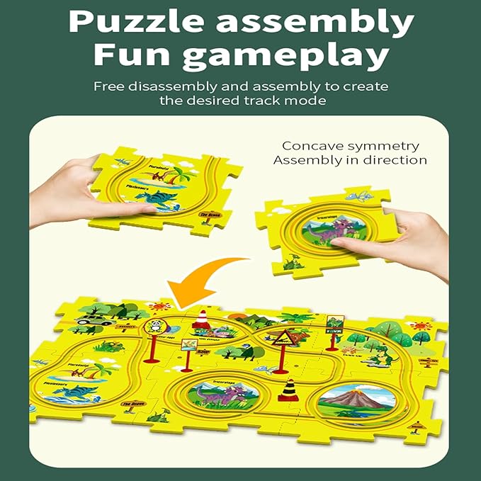 25PCS Puzzle Racer Kids Car Track Set, Dinosaur Jigsaw Puzzle Racer Car Track Set Puzzle Track Car Play Set Preschool Gifts for Kids Christmas Birthday Gift for Boys Girls
