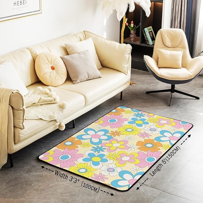 Erosebridal 70S Groovy Flowers Area Rug 3x5 Hippie Colorful Retro Floral Cute Rug Vintage Garden Flower Carpet Pastel Botanical Hippy Aesthetic Non Slip Decorative Rug for Bedside
