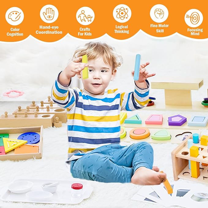 Adena Montessori Play Kit for 22-24 Months Baby,7 in 1 Learning Educational Toys for Toddler,Include Geo Shapes Puzzle,Montessori Cylinder Blocks and More,Christmas Birthday Gift for Boys Girl