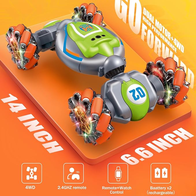 Rc Car Boys Toys 6-8 Years Old,Cool Birthday Gifts for Boys Ages 8-13 4WD Gesture Sensing Rc Stunt Car for Ages 5 7 9 10 Years Old Kids with Light and Music-Large Green