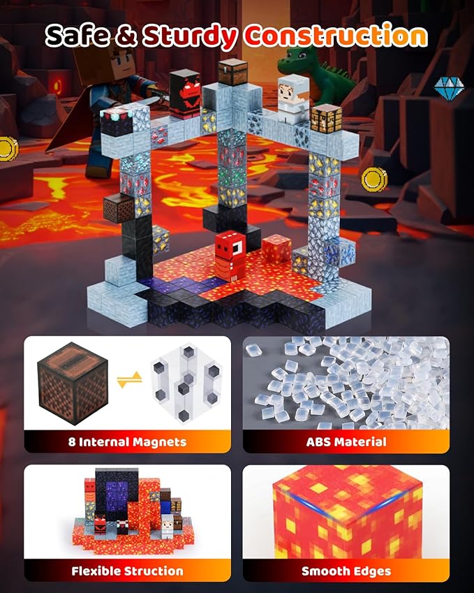 115PCS Magnetic Blocks - Building Toys for Boys Girls 3+, with 20 Unique Patterns, Lava Rivers, Volcanoes, & Dragons, STEM Sensory Toys for Kids Boys Girls Ages 3 4 5 6 7 8 9 Birthday Gifts