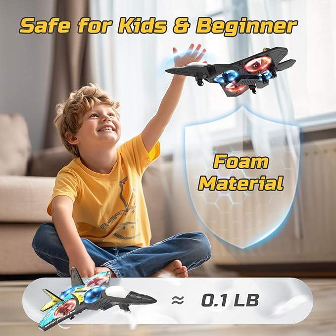 Foam Drone RC Airplane for Kids and Beginners, Remote Control Plane Fighter Jet Helicopter with Light, Auto Hovering, 360° Flip and 2 Batteries (18Mins)