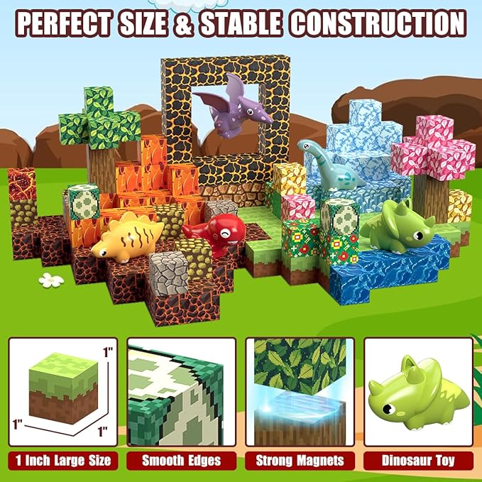 205Pcs Dinosaur Toys Magnetic Blocks Build 3D Dinosaur World Jurassic Scenes, 1" Magnetic Building Blocks Magnet Cubes Tiles for Toddler Boys Girls 3+, STEM Sensory Building Toys Games