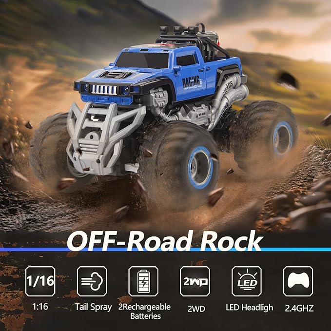 Remote Control Monster Truck 2.4GHz Remote Control Car, RC Monster Truck 2 Battery 80 Mins+,1:16 Scale Indoor Outdoor All Terrain Spray Remote Monster Trucks for Boys 4-7 8-12 and Girls