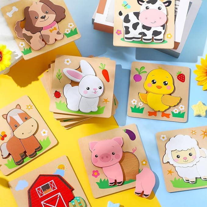 Capoda 12 Pack Farm Animal Wooden Puzzles Wood Farm Jigsaw for Toddlers Featuring Cow, Sheep, Pig and More Montessori Preschool Learning Games for Boys Girls Classroom Exchange Gifts Party Favors