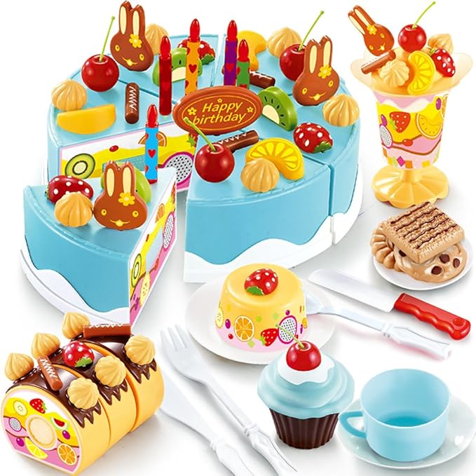 75PCS DIY Cutting Cake Set - Kids Play Kitchen Food Pretend Play Toy - Best for Girls Birthday Party Gift (75PCS Blue)