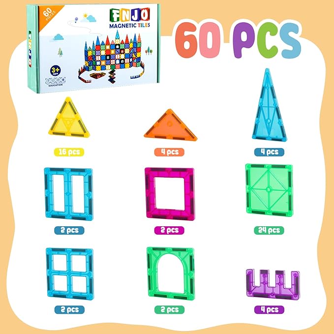 FNJO Magnetic Tiles, Magnet Building Set,60 PCS Building Blocks Set STEM Preschool Montessori Toy for Kids Boys Girls