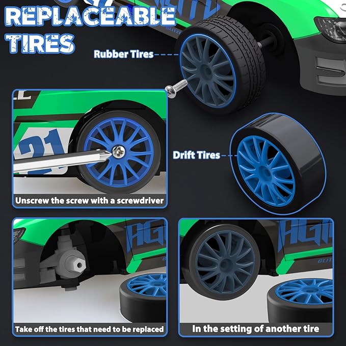 Remote Control Car RC Drift Car 2.4GHz 1:24 Scale 4WD 15KM/H High Speed, Rechargeable High Speed RC Cars with Cool Lights, Two Batteries and Extra Tires Toys for Kids