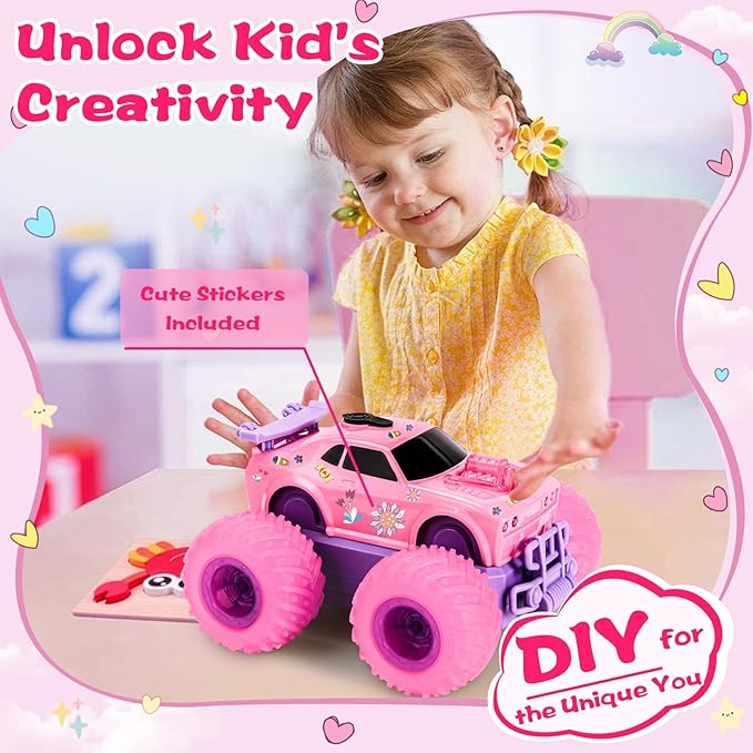 Pink Remote Control Car for Girl, 4WD RC Stunt Car with DIY Sticker, Headlight, Flashing Wheel Light, Rotation, Spin and Spray, Toy Cars for Girl Age 4-6 6-8 Birthday Gift