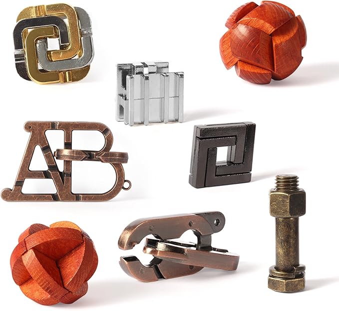 8 Pcs Brain Teaser Puzzles Favor Educational Toys Mind Puzzles Ancient Wooden and Metal Puzzles 3D Unlock Interlock IQ Puzzles Box Game