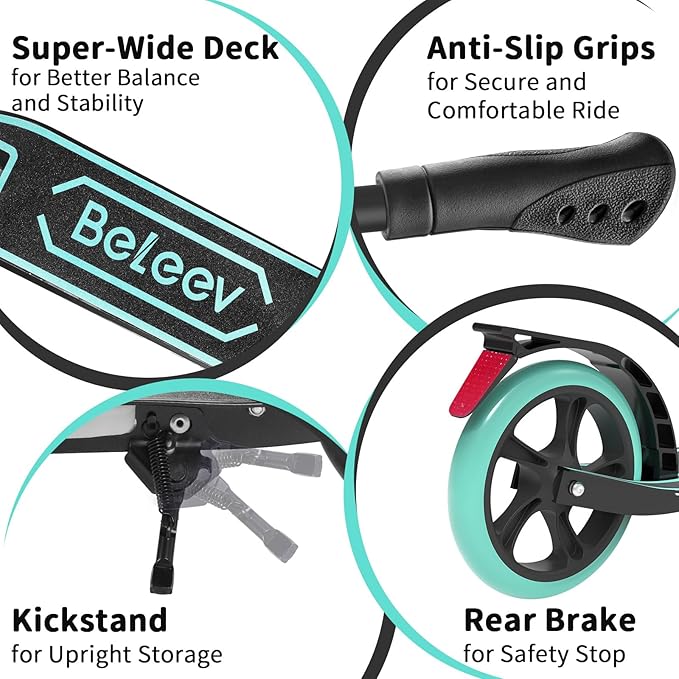 BELEEV V8 Scooters for Kids Ages 6+ with Light-Up Deck, 2 Wheel Folding Scooter for Adults Teens, 4 Adjustable Height, Lightweight Sport Commuter Scooter, Sturdy Frame, Max Load 220 lbs