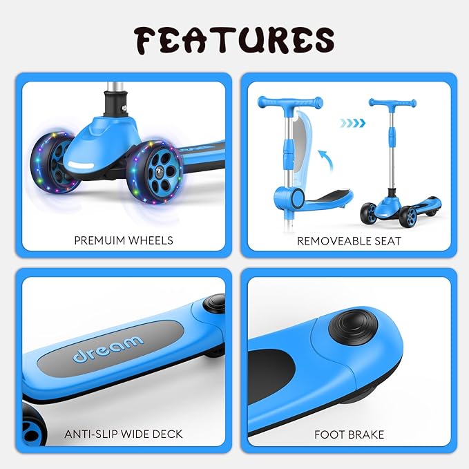 Kids Kick Scooter,Adjustable Height Handlebars and Removable Seat Scooters for Kids,3 Lighted Wheels Anti-Slip Deck Toddler Scooter for Boys & Girls Aged 3-12 up to 132 Lbs.