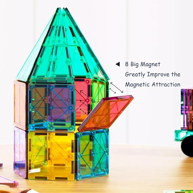 110 PCS Magnetic Tiles with 2 Cars, STEM 3D Building Blocks for Kids Ages 3-8, Montessori Magnet Construction Toys for Preschool Classroom (NF-110 PCS)