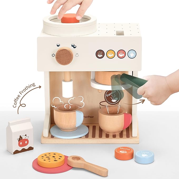 PairPear Wooden Toy Coffee Maker Set for Kids Kitchen, 18 Piece Play Food Coffee Machine Playset, Pretend Play Kitchen Accessories Set for Girls and Boys Ages 3+