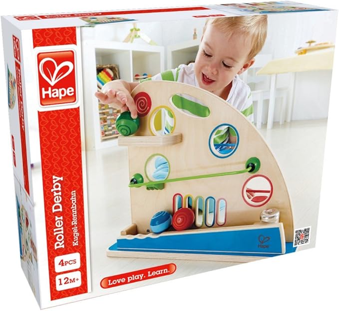 Hape Roller Derby Wooden Marble Racing Toy | Award Winning Marble Run Wooden Puzzle Maze Toddler Toy for Kids, Colorful Dual Sided Mountain of Fun, Multicolor, Model Number: E0430