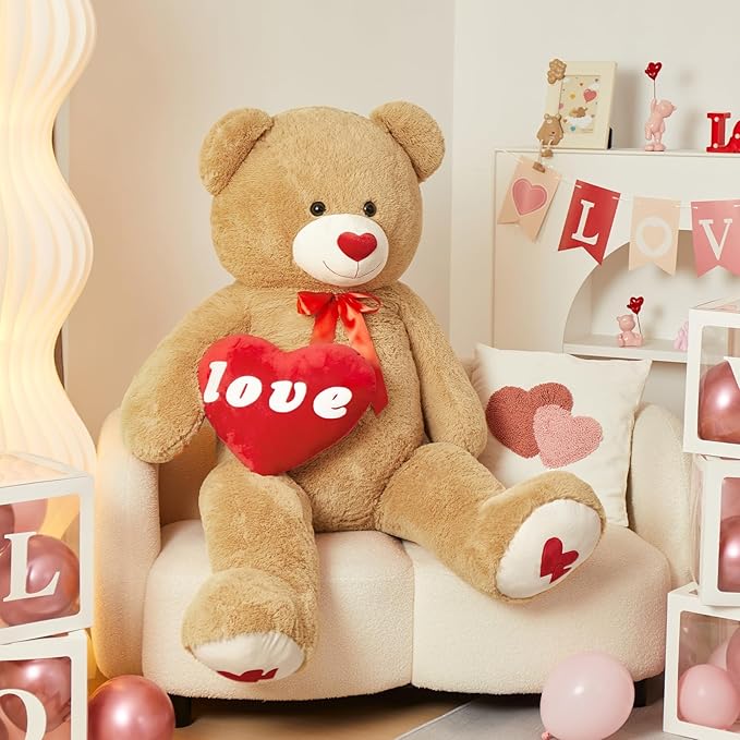 MorisMos Love Heart Giant Teddy Bear 5FT, Red Heart Large Bear Plush for Girlfriend Valentine 5 Foot Stuffed Animal Gift for Boyfriend Kids, 59inch