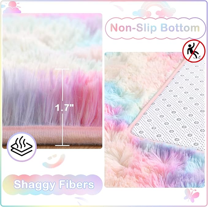 Ompaa Soft Fluffy Rainbow Runner Rug for Girls Bedroom Carpets, Kawaii Tie Dye Kids Rugs for Teens Unicorn Dorm Aesthetic, Pastel Shaggy Nursery Area Rug for Baby Princess Room, 2x4 Feet