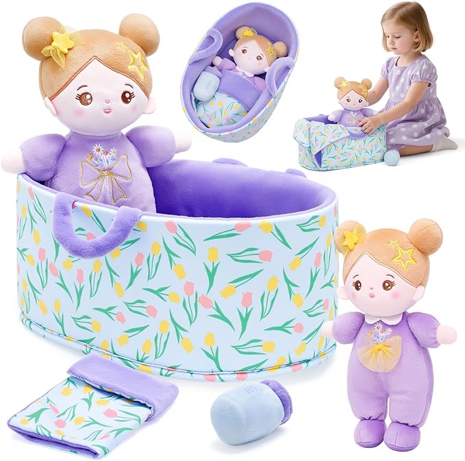 OUOZZZ 10" Soft Baby Doll Set with Plush Doll, Bassinet, Blanket and Bottle, Pretend Playset for Emotional Social Education Doll for 2 Year Olds Girls Christmas Birthday Gift Purple