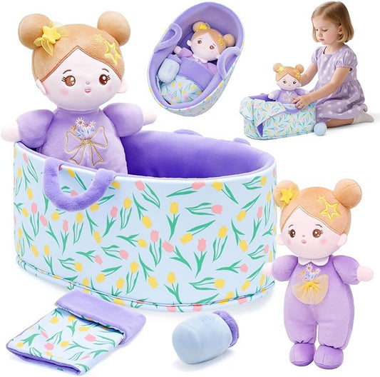 OUOZZZ 10" Soft Baby Doll Set with Plush Doll, Bassinet, Blanket and Bottle, Pretend Playset for Emotional Social Education Doll for 2 Year Olds Girls Christmas Birthday Gift Purple