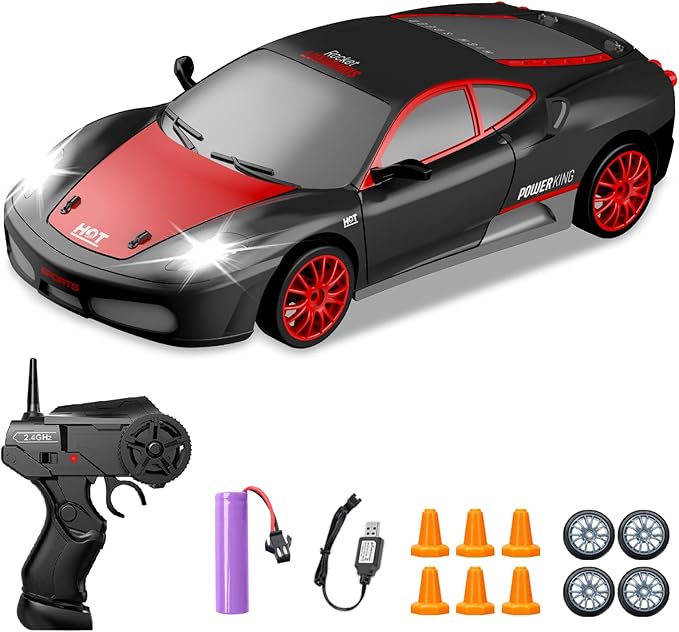 RC Drift Cars, Remote Control Car 2.4Ghz 1:24 Scale 4WD RC Sport Racing Cars Rechargeable High Speed Drifting Car for Boys Girls Vehicle Racing Hobby with Led Light (Black)