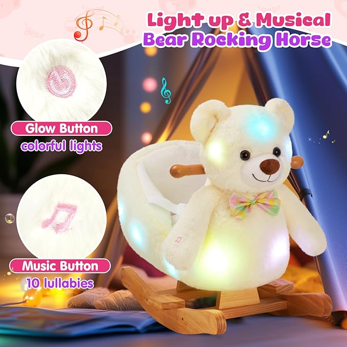 Glow Guards White Polar Bear Rocking Horse with Chair Muical Light up Bear Stuffed Animal for Ages 1-3 Toddlers Kids Babies Ride Toy Birthday Christmas
