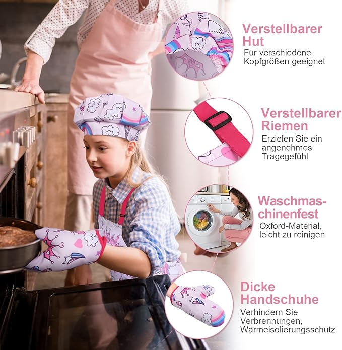 Anpro Complete Kids Cooking and Baking Set - 27 Pcs Includes Aprons for Girls, Chef Hat, Mitt & Utensil to Dress Up Chef Costume Career Role Play for 8-12 Years Girls