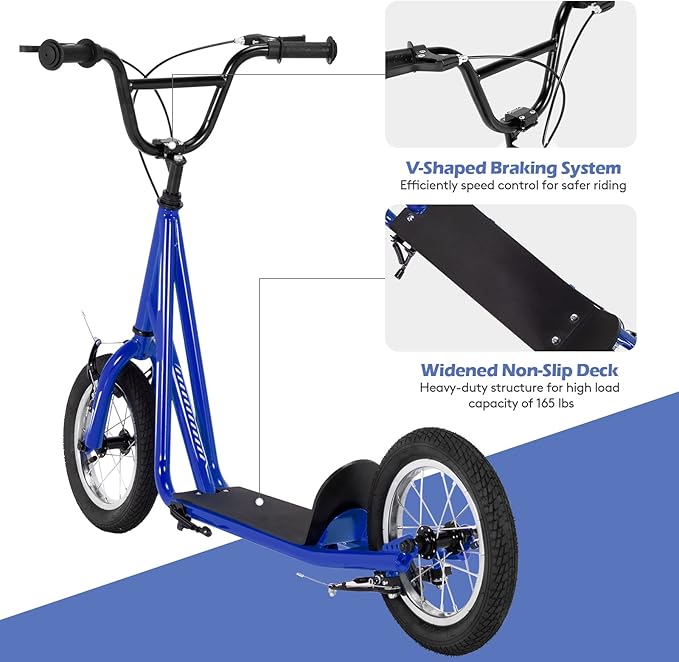 Goplus Youth Kick Scooter, Kids Kick Scooter W/ 12-Inch Air Filled Wheels, Carbon Steel Frame, Adjustable Handlebar, Front and Rear Dual Brakes, Ride On Toys for Adults Teens 8+